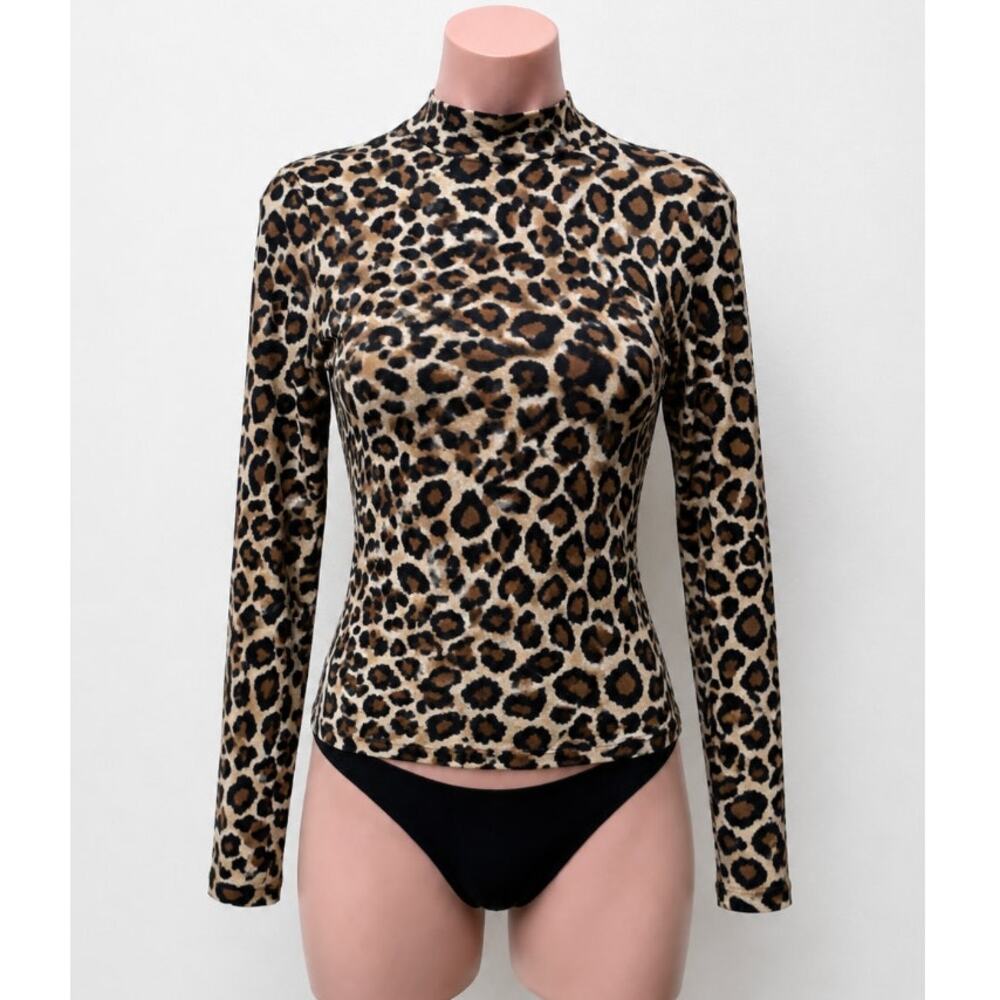 BLDWN Tan and Black Cheetah Knit Print Long Sleeve Mock Neck Fitted Knit Top S